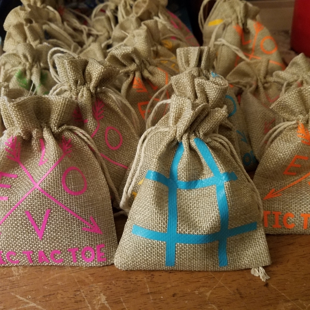 Tic Tac Toe Game 4"x5" Burlap Drawstring Bag Handmade